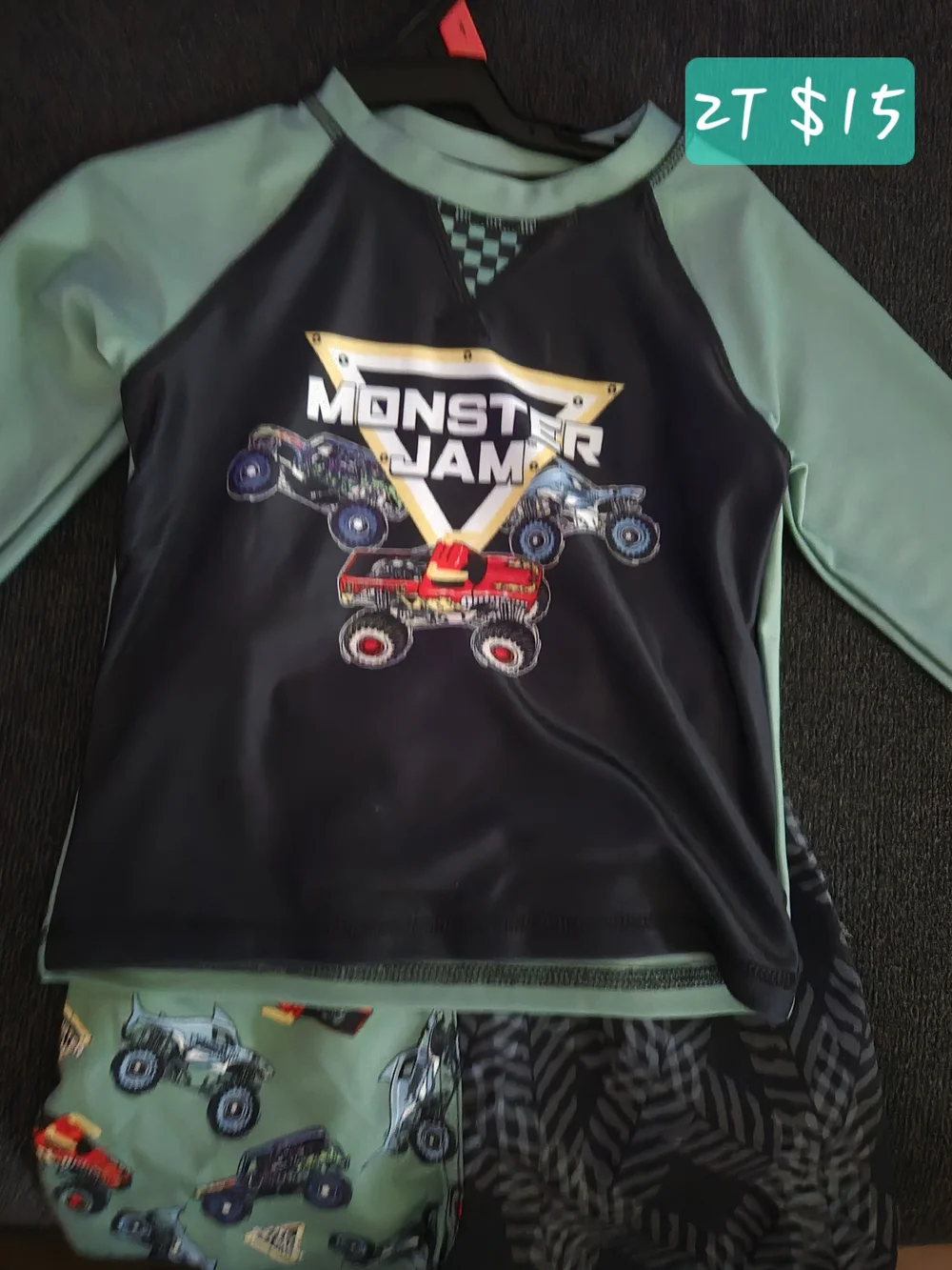 Monster Jam Kids Long-Sleeve Rash Guard in Mint & Black